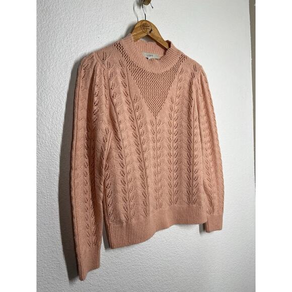 Loft Pointelle Puff Sleeve Sweater Medium Peach Pink - Picture 3 of 5